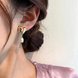 Mqtime French Vintage Drop Oil Tulip Metal Heart Pearl Earrings Autumn Winter Fashion Elegant Temperament Female Earrings Jewelry