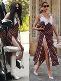 MQTIME  -  Fashion Street Dress Women Polka Dot Print Patchwork Lace High Slit v-Neck Sleeveless Street Party Classic Vestidos