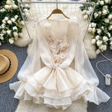 MQTIME  -  Summer New 3D Floral Beach Short Dress Female Long Sleeves Lace Up Ruffle Chiffon Cake Sundress Sheer Sexy Bohemian Vestidos