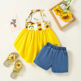 MQTIME  -  2Piece Summer Girls Boutique Clothes Fashion Cute Flowers Sleeveless Baby Tops+Denim Shorts Luxury Kids Clothing Set