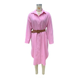 MQTIME  -  Women Simple Single-breasted Shirt Dress Fashion Long Sleeve Mid-Length Beach Summer Side Slit Sundress with Belt