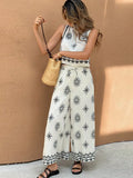 MQTIME  -  Print Top Pants Women Set O-neck Sleeveless Loose Tops Wide Leg Trousers Female Chic Sets Summer Vacation Casual Lady Suit