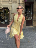 MQTIME  -  ﻿ Yellow Lace Women Short Dress Sexy V Neck Halter Sleeveless Backless Party Gown Summer Chic Beach Holiday Lady Vestidos