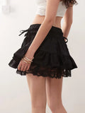 MQTIME  -  Women s Fashionable Summer Mini Skirt with Chic Bow Detail and Lace Patchwork Comfortable Elastic Waistband and Mid Rise