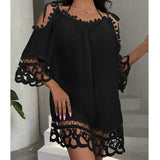 MQTIME  -  Solid Color Beach Cover Ups Lace-up Bandage White Beach Dress Splice Lace Transparent Sexy Swimwears Bathing Suit Beachwear