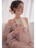 MQTIME  -  Women Photography Props Maternity Dresses Pink Mesh Perspective Pregnancy Dress for Studio Shoot Photo Shoot Photo Clothing