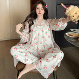 MQTIME  -  Sweet Cherry Printing Chicly Lace Female Pajamas Set Autumn New Fashion Lace-up Loose Simple Casual Pajamas for Women