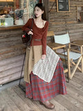 MQTIME  -  Vintage Autumn Bohemian Two Piece Sets Women's Red Elegant Long Sleeve Halter Pleated Tops And Plaid Patchwork A-line Long Skirt