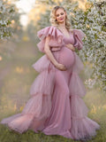 MQTIME  -  V Neck Maternity Gowns for Photo Shoot Dusty Pink Sleeveless Gala  Robes Tiered Ruched Babyshower Gowns for Women Dressing