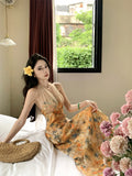 MQTIME  -  Print Floral Vintage Beach Long Dress Women Summer Sleeveless Halter Backless Slim Long Dress Sexy Club Party Birthday Dresses