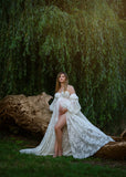 MQTIME  -  Illusion White Maternity Dress for Pregnancy Sweetheart Full Sleeves Slit Gala Gown Customized Lace PhotoBabyShower Gowns