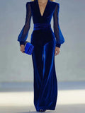 MQTIME  -  Fashion V-neck Velvet Wide Leg Jumpsuits Elegant High Waist See-through Sleeve Party Playsuits Temperament Lady Casual Rompers