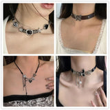 Mqtime Y2K Vintage Butterfly Cross Heart Star Necklace For Women Men Punk PU Leather Choker Jewelry Grunge Charms Stuff EMO Accessories