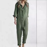MQTIME  -  Fashion Cotton Linen Long Sleeve Pocket Jumpsuit Women'S Autumn Casual Loose Solid Color Shirt Jumpsuit Female Military Rompers