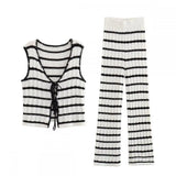 MQTIME  -  Women Fashion Knitted Striped Waistcoat Pants Set V Neck Front Tie Sleeveless Vest Tank Tops Elastic Waist Trousers Streetwear