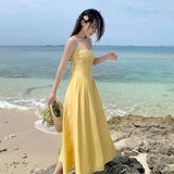 MQTIME  -  Yellow Elegant Slim Backless Pleated Slip Long Dresses Women High Waist Sleeveless Backless Sexy Birthday Party Dress Summer New
