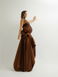 MQTIME  -  Elegant Strapless Sequin Maternity Gown Satin Bow - Formal Pregnancy for Wedding, Party, Prom Floor Length Brown Maternity Gown