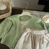 MQTIME  -  Korean Spring Children Girl 2pcs Clothes Set Cartoon Sling Top Solid Ribbed Knitted Cardigan Floral Print Pant Baby Girl Outfits