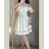 MQTIME  -  Sweet Summer Mini Dress for plus Size Women with Wood Grain Ruffle Bubble Sleeve Square Collar Waist Cinching Fashionable