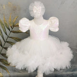 MQTIME  -  White Flower Girl Dresses Tulle Sequin With Bow Short Sleeve For Wedding Birthday First Communion Gowns