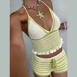 MQTIME  -  Color Patchwork Knitted Vacation Beach 2 Piece Set Women Sexy V-neck Lace Halter Backless Ruffles Camis Crop Tops + Shorts Suit