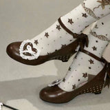 MQTIME  -  Japanese Vintage Gothic Style Lolita Shoes Women Sweets Polka Dot Print Lace Bow Metal Button Mary Jane Shoes Fashion Wedge Heel