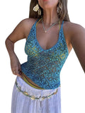 MQTIME  -  Women Sequin Halter Top Sexy Sleeveless Deep V Neck Glitter Tank Top Sparkle Backless Crop Top Summer Streetwear 2025