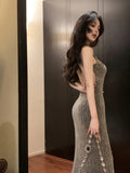 MQTIME  -  Sexy Backless Floor-Length Party Club Dress Women Summer Sleeveless Off Shoulder Dress Patchwork Zipper Button New Slim Dresses