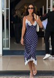 MQTIME  -  Sexy Lace Patchwork Polka Dot Dress Women Deep V-neck Sleeveless High Waist Slim Midi Sling Dresses Summer Lady Party Robes