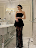 MQTIME  -  Elegant Tube Top Lace Long Skirts Sets Women Strapless Sleeveless Slim Tops See Through Skirt 2025 Summer Chic Lady Party Outfit