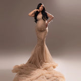  MQTIME  -  Luxury Crystals Mermaid Maternity Photoshoot Dresses Sheer Nude Tulle Maternity Dress Long Train Pregnancy Gown Babyshower Dress