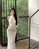 MQTIME  -  Knitted Cover Up Beach Elegant Solid Sexy See Through Bodycon Maxi Dress Flared Long Sleeves Bikinis Cover-ups For Women