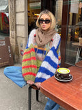 MQTIME  -  Casual Knitted Colorful Stripes Sweater Women Fashion O Neck Puff Long Sleeves Short Pullover Autumn Lady High Street Jumper