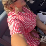 MQTIME  -  Summer New Sweet Style Red and White Plaid Short Sleeve Shirt Collar Shorts Set