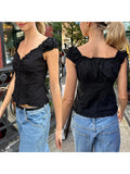 MQTIME  -  Women T-shirt Preppy Button Down Blouse Tops Y2k Vintage Cap Sleeve 00s Aesthetic Fairy Frill V Neck Crop Tops Milkmaid Vest