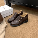MQTIME  -  Women's Shoes Blok Carving Double Buckle with Velvet Inner Small Leather Shoes Women's Spring and Autumn