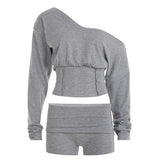 MQTIME  -  American Fashion Sexy 2pcs Off Shoulder Long Sleeve Lace Up T-Shirts Slim Shorts Matching Set Party Clubwear Spicy Girl