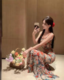 MQTIME  -  Women Dresses Sexy Oil Painting Floral Printed Sleeveless Slim Backless Mesh Patchwork Vintage Elegant Dress Party Female