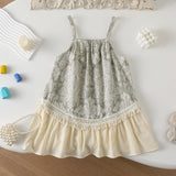 MQTIME  -  Spring Children Girls 2PCS Clothes Set Loose Floral Print Spliced Tassel Kids Girls Sling Dress Suits Girl Lace Undershirt