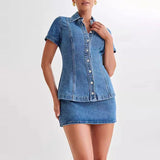 MQTIME  -  Women Vintage Short Sleeve Denim Top Short Skirt Sets Lapel Pleat Slim Buttons Shirt Dress 2 Piece Outfits Soild High Street Set