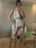 MQTIME  -  Casual Tie Dye Halter Tank Set Women Asymmetrical Backless Top Loose Wide Leg Trousers Outfit 2024 Summer Holiday Lady Suit