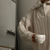MQTIME  -  Warm Zipper High Collar Fried Dough Twists Sweater Loose Casual Pullover Knitted Long Sleeve Top Versatile Simple Women's Wear