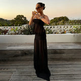 MQTIME  -  Sexy Spaghetti Strap Solid Color Sleeveless Mesh Patchwork Dress Women Slim See-Through Party Beach Holiday Long Dress