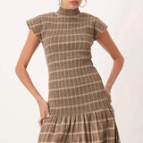 MQTIME  -  Vintage Grid Printed Slim Big Hem Dress Elegant O-neck Women Short Sleeve Party Dress Temperament High Waist Pleated Maxi Dress