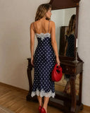 MQTIME  -  Sexy Lace Patchwork Polka Dot Dress Women Deep V-neck Sleeveless High Waist Slim Midi Sling Dresses Summer Lady Party Robes
