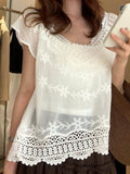  MQTIME  -  Summer Vacation Vintage Embroidery Crochet Solid V Neck Short Sleeve Women Blouse