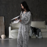 MQTIME  -  Women Spring Autumn and Winter Pure Cotton Long-sleeved Striped Lace Lapel High-end Light Luxury Loungewear Set Comfort