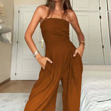 MQTIME  -  Simple Solid Loose Playsuit Casual Women Strapless High Waist Wide Leg Romper New Summer Off Shoulder Pocket Commuting Jumpsuit