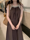 MQTIME  -  Latest French Design Women's Dress Solid Elegant Sleeveless Off Shoulder Strap Dress Maxi Dress