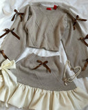 MQTIME  -  Y2K Knitted Splicing Short Skirt Two Piece Set Women Knitted Long Sleeved Sweater Cute Bow Mini Pleated Skirt Autumn Winter Suit